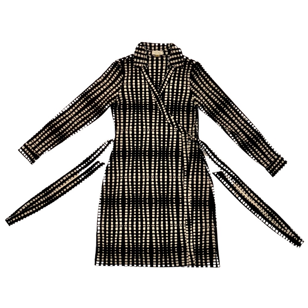 CALVIN KLEIN WOMENS BLACK/WHITE LONG SLEEVE BELTED WRAP AROUND DRESS SIZE 10